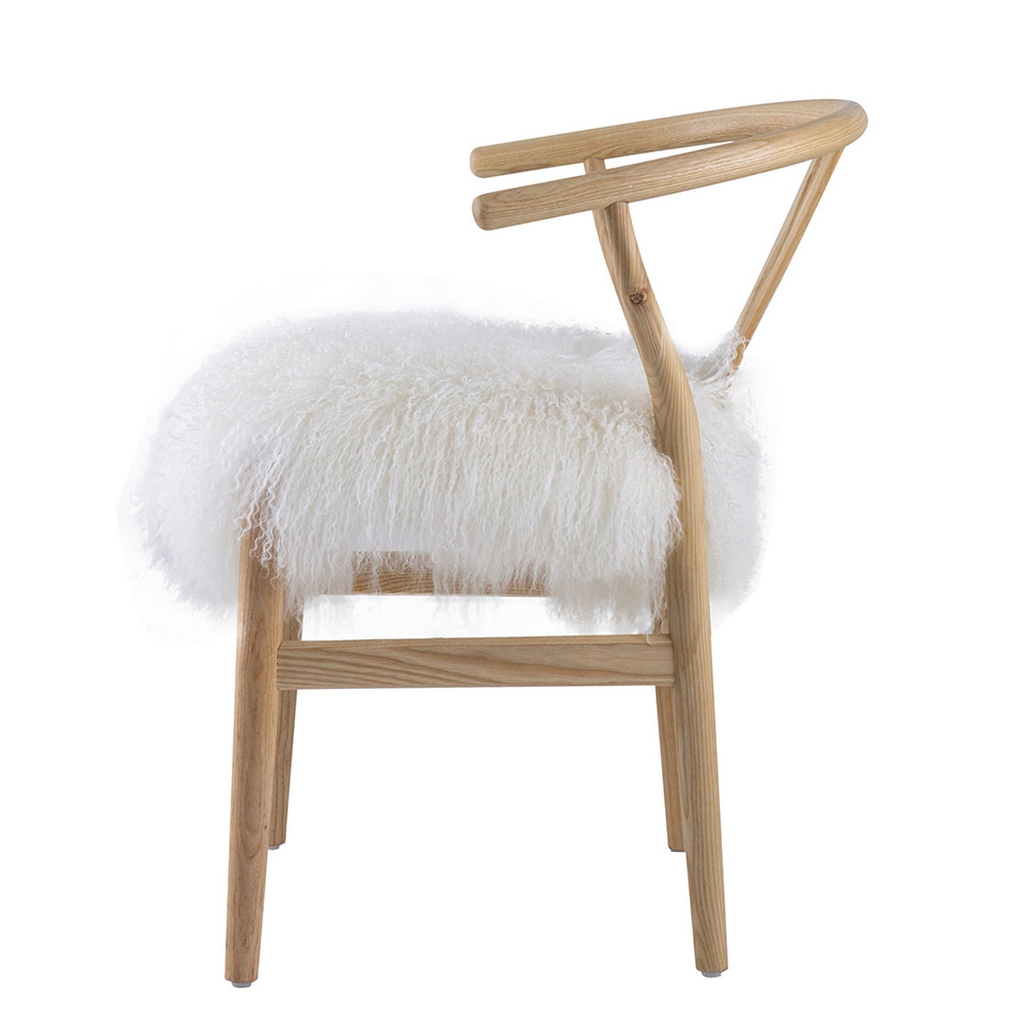 44 Inch Accent Chair Set of 2, White Faux Fur, Wishbone, Beige Ash Wood