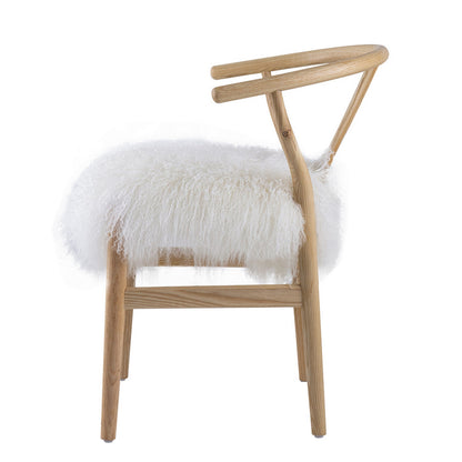 44 Inch Accent Chair Set of 2, White Faux Fur, Wishbone, Beige Ash Wood