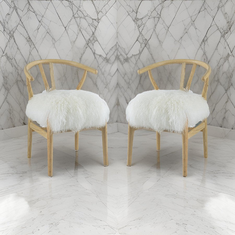44 Inch Accent Chair Set of 2, White Faux Fur, Wishbone, Beige Ash Wood