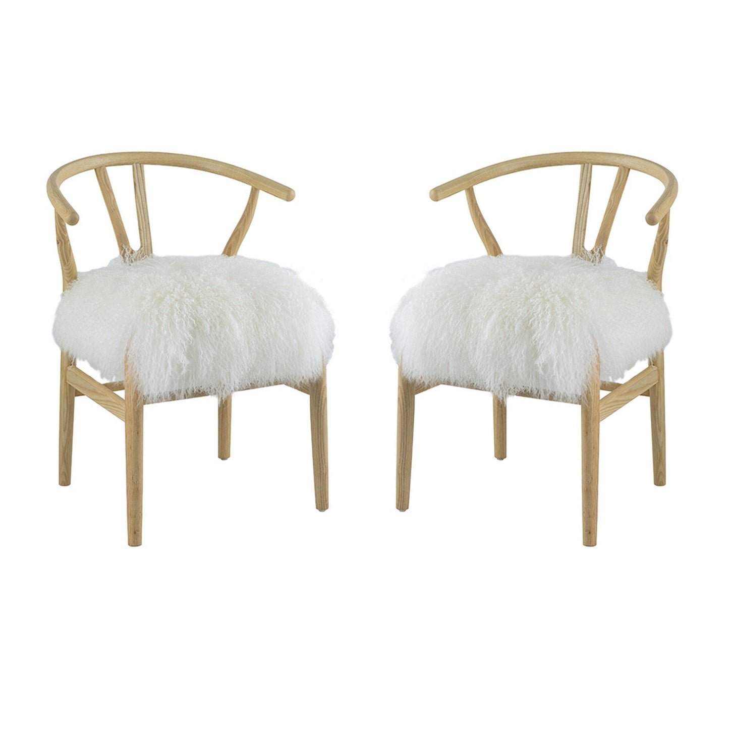 44 Inch Accent Chair Set of 2, White Faux Fur, Wishbone, Beige Ash Wood