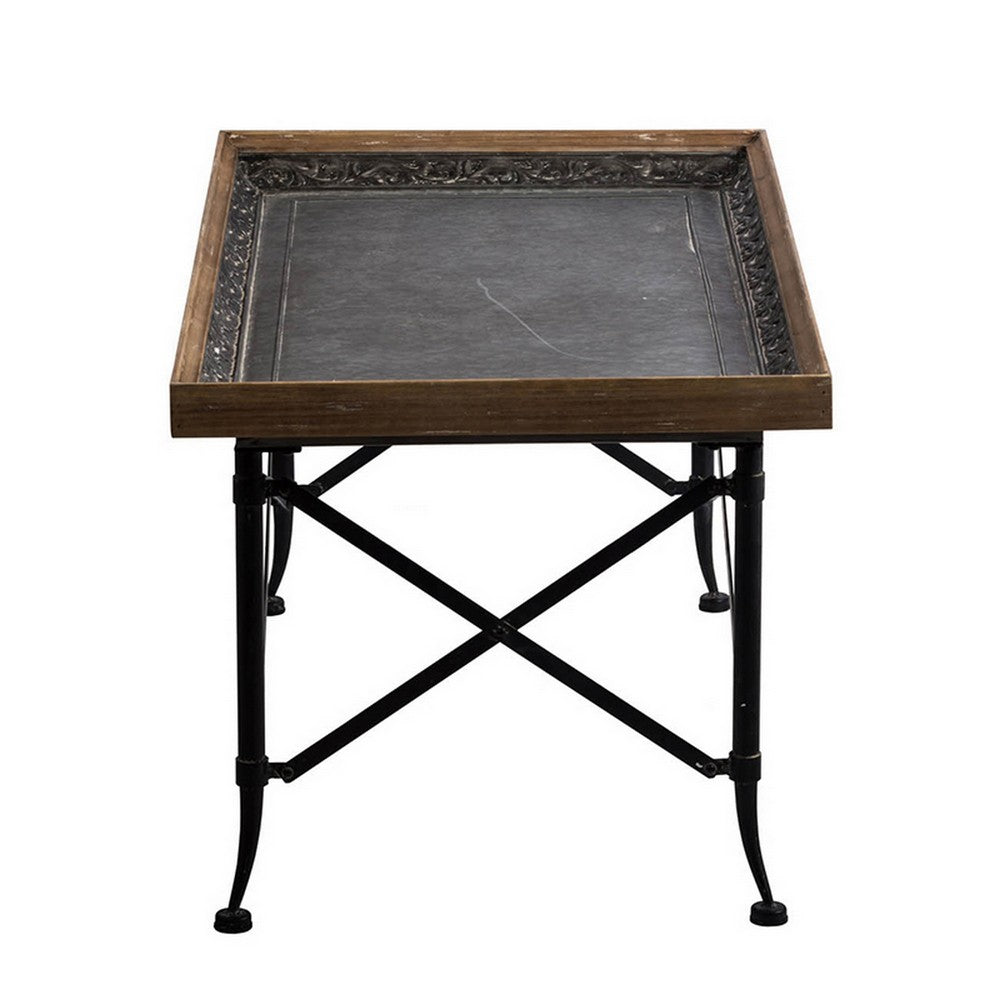 44 Inch Coffee Table, Vintage Style Wood Tray Top, Metal Base, Brown, Black