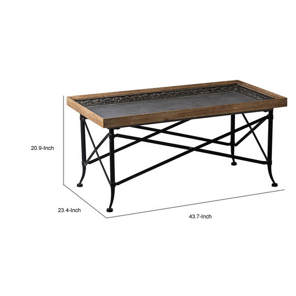 44 Inch Coffee Table, Vintage Style Wood Tray Top, Metal Base, Brown, Black