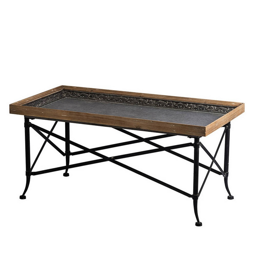 44 Inch Coffee Table, Vintage Style Wood Tray Top, Metal Base, Brown, Black
