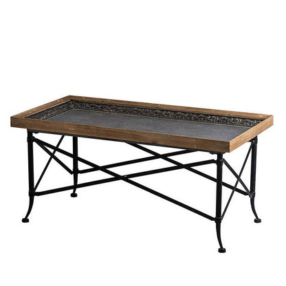44 Inch Coffee Table, Vintage Style Wood Tray Top, Metal Base, Brown, Black