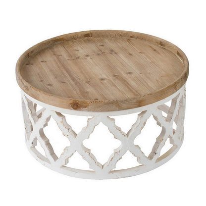32 Inch Coffee Table, Carved Wood, Round Tray Top, Brown and White Finish