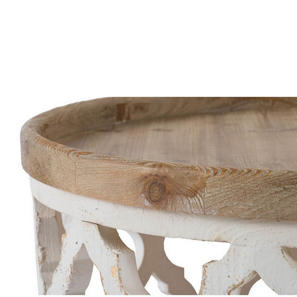32 Inch Coffee Table, Carved Wood, Round Tray Top, Brown and White Finish