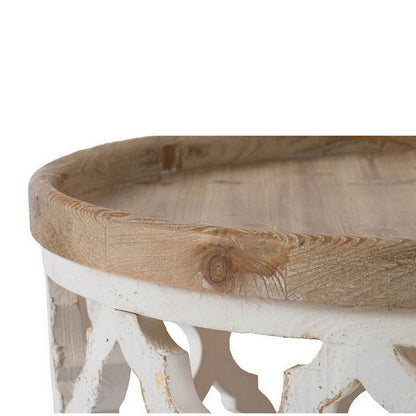 32 Inch Coffee Table, Carved Wood, Round Tray Top, Brown and White Finish