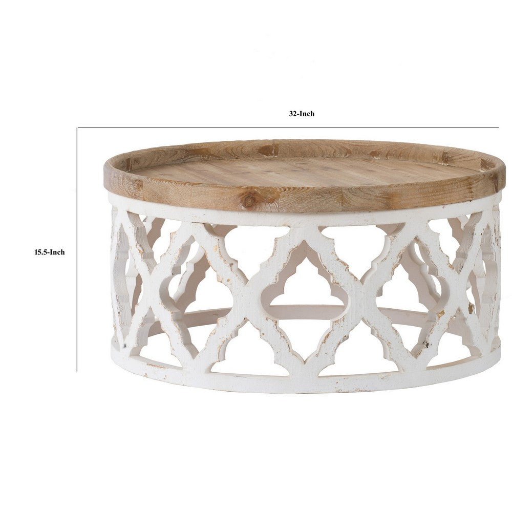 32 Inch Coffee Table, Carved Wood, Round Tray Top, Brown and White Finish