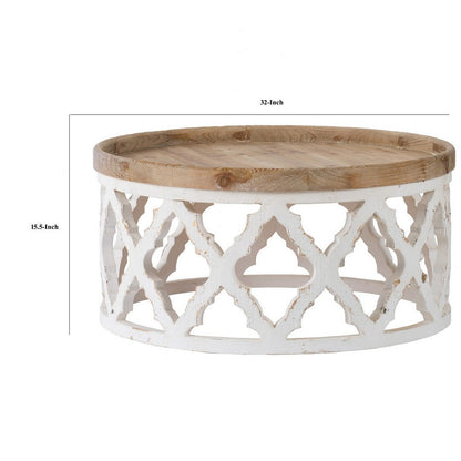 32 Inch Coffee Table, Carved Wood, Round Tray Top, Brown and White Finish