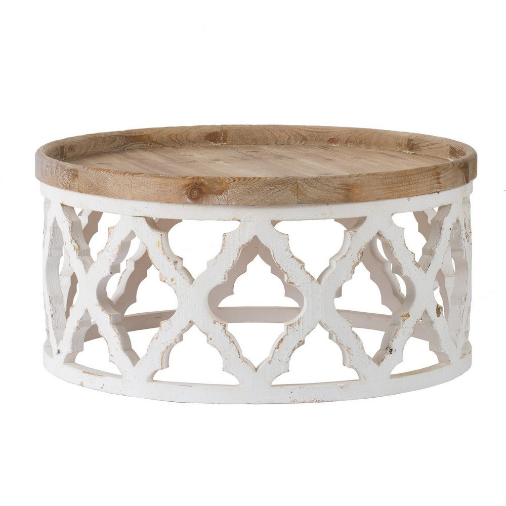 32 Inch Coffee Table, Carved Wood, Round Tray Top, Brown and White Finish