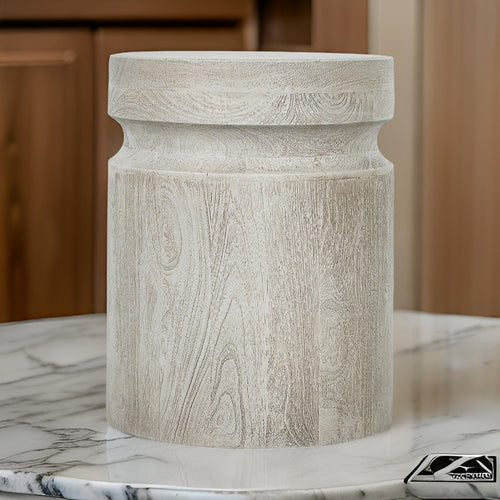 Kiv 18 Inch Side End Table, Round Mango Wood Top, Carved Accent Base, Gray