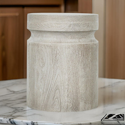 Kiv 18 Inch Side End Table, Round Mango Wood Top, Carved Accent Base, Gray