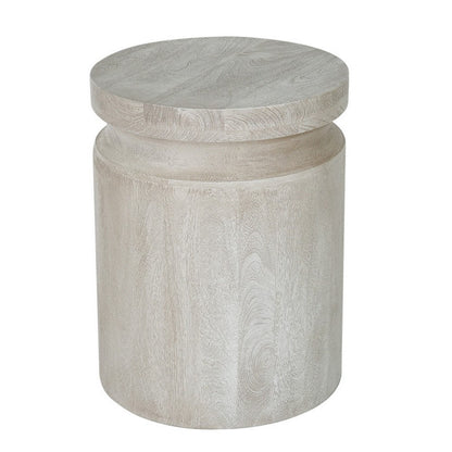 Kiv 24 Inch Side End Table, Round Mango Wood Top, Carved Accent Base, Cream