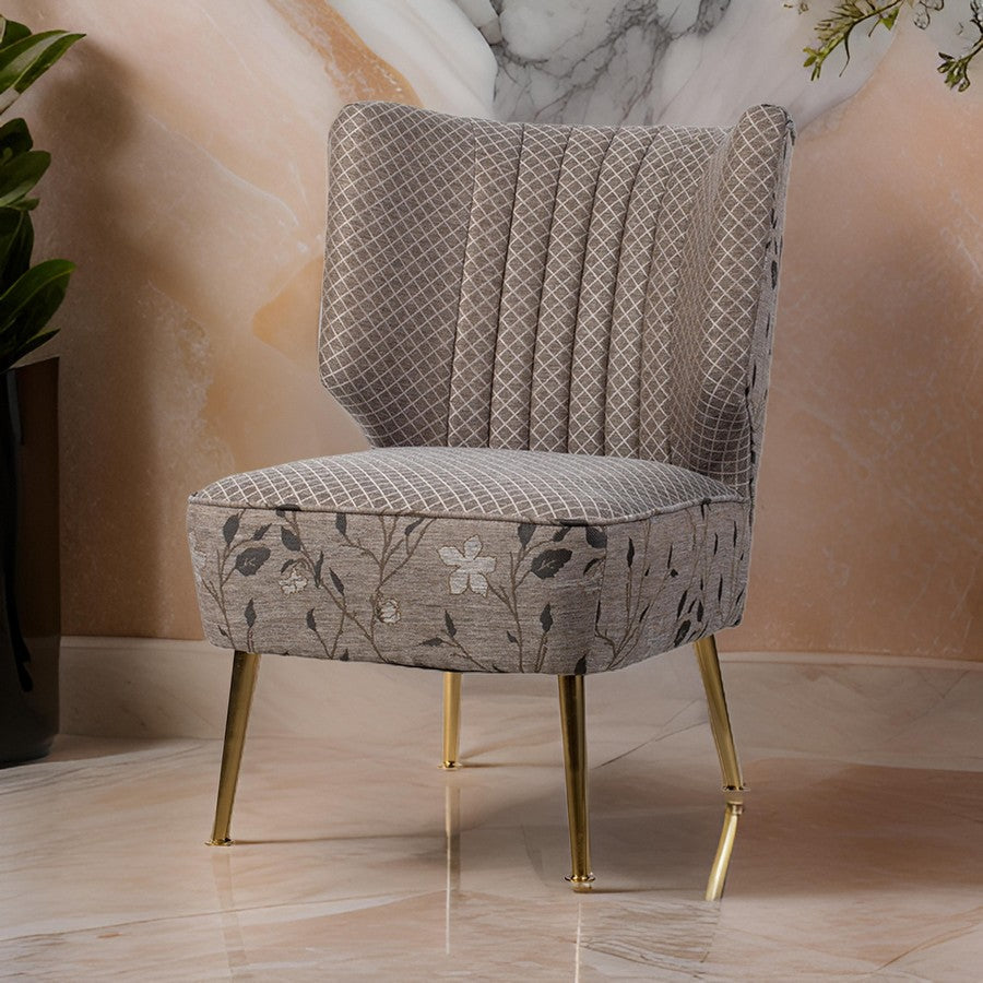 30 Inch Accent Leisure Chair, Taupe Gray Tufted Floral Fabric, Wingback