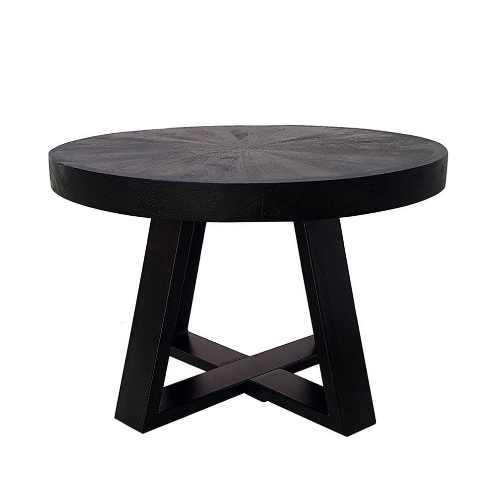 Raj 24 Inch Round Coffee Table, Cross Leg Design, Black Acacia Wood, Iron