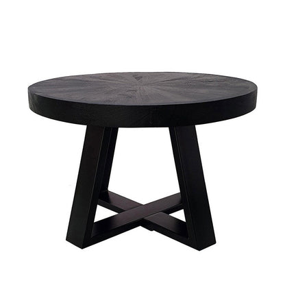 Raj 24 Inch Round Coffee Table, Cross Leg Design, Black Acacia Wood, Iron