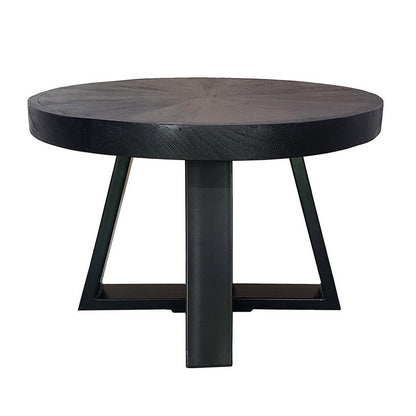 Raj 24 Inch Round Coffee Table, Cross Leg Design, Black Acacia Wood, Iron