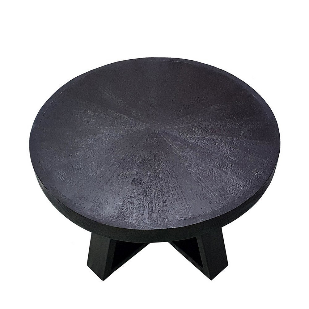 Raj 24 Inch Round Coffee Table, Cross Leg Design, Black Acacia Wood, Iron