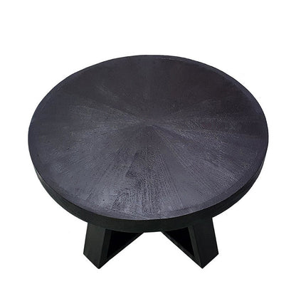 Raj 24 Inch Round Coffee Table, Cross Leg Design, Black Acacia Wood, Iron