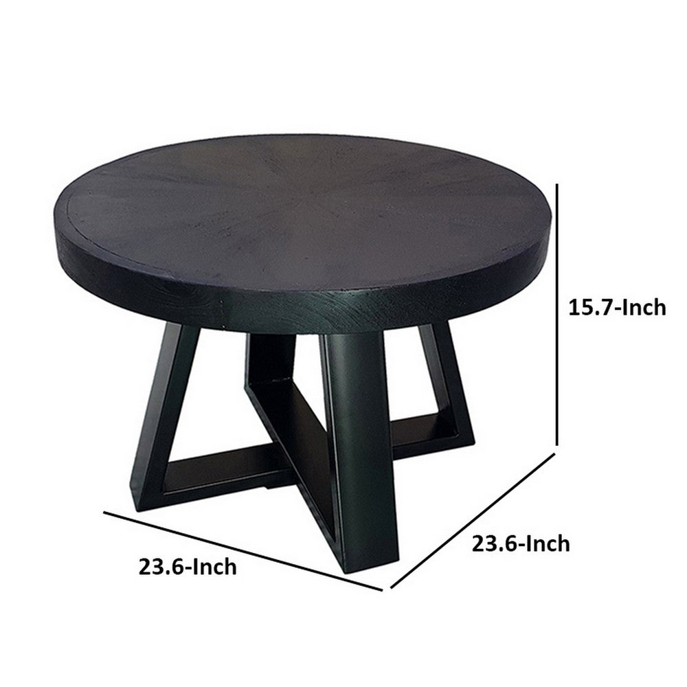 Raj 24 Inch Round Coffee Table, Cross Leg Design, Black Acacia Wood, Iron