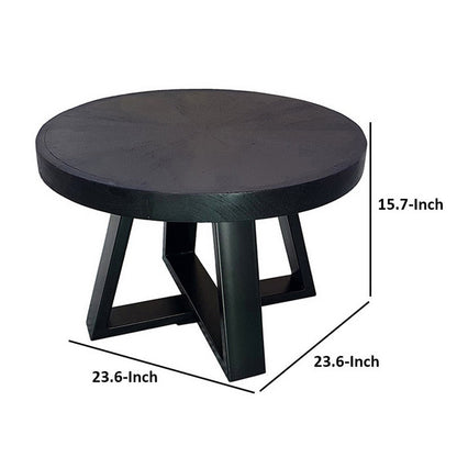 Raj 24 Inch Round Coffee Table, Cross Leg Design, Black Acacia Wood, Iron