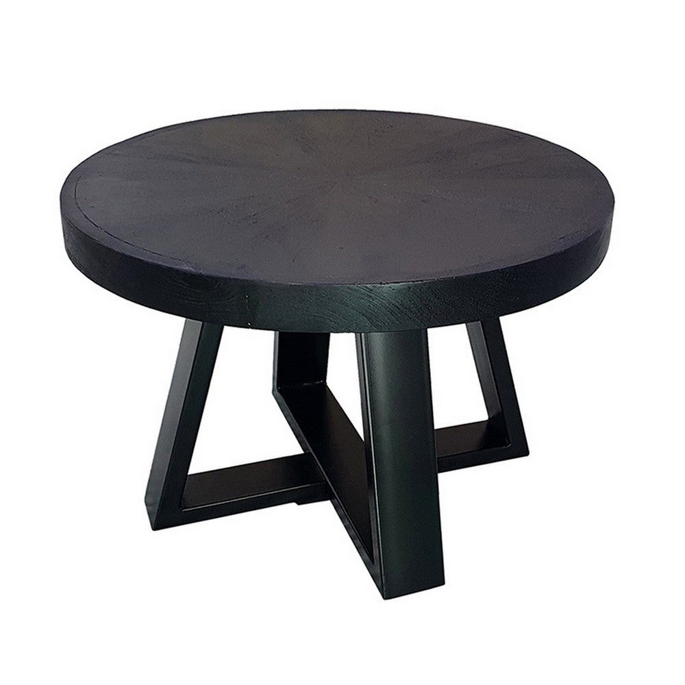 Raj 24 Inch Round Coffee Table, Cross Leg Design, Black Acacia Wood, Iron