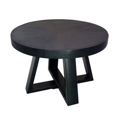 Raj 24 Inch Round Coffee Table, Cross Leg Design, Black Acacia Wood, Iron