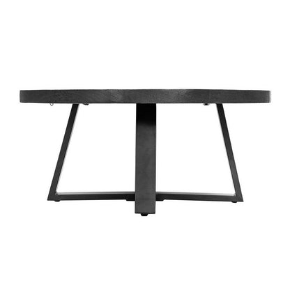 Raj 39 Inch Round Coffee Table, Cross Legs Design, Black Acacia Wood, Iron