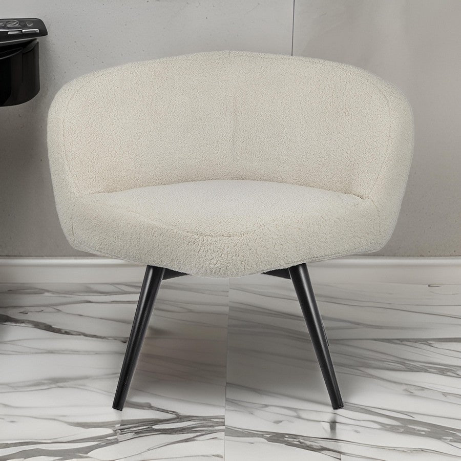 39 Inch Swivel Accent Chair, Soft Cream Fabric Upholstery, Black Iron Legs
