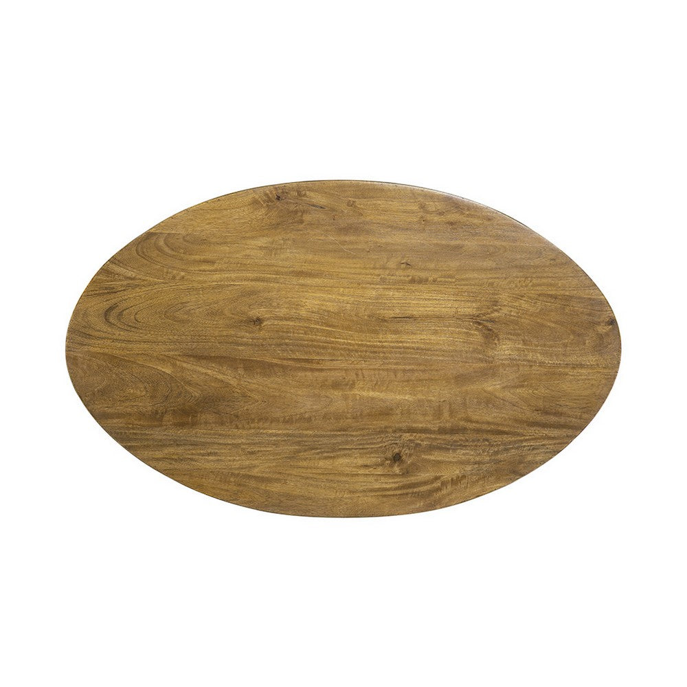 39 Inch Coffee Table, Oval Mango Wood Top, Angled Iron Legs, Rustic Brown