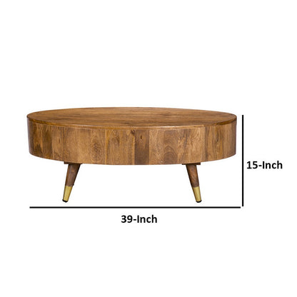 39 Inch Coffee Table, Oval Mango Wood Top, Angled Iron Legs, Rustic Brown