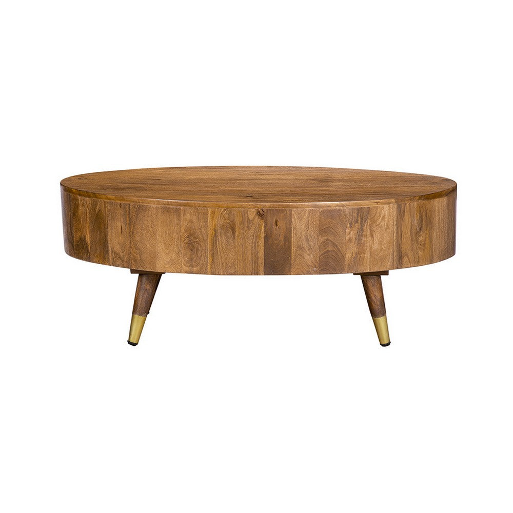 39 Inch Coffee Table, Oval Mango Wood Top, Angled Iron Legs, Rustic Brown