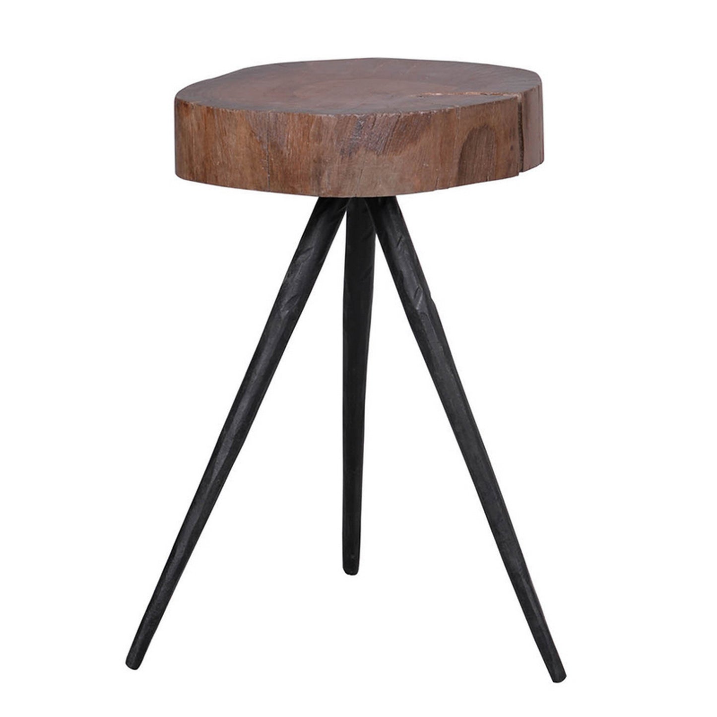 24 Inch Side End Table, Round Mango Wood Brown Tree Top, Black Metal Tripod