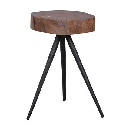 24 Inch Side End Table, Round Mango Wood Brown Tree Top, Black Metal Tripod