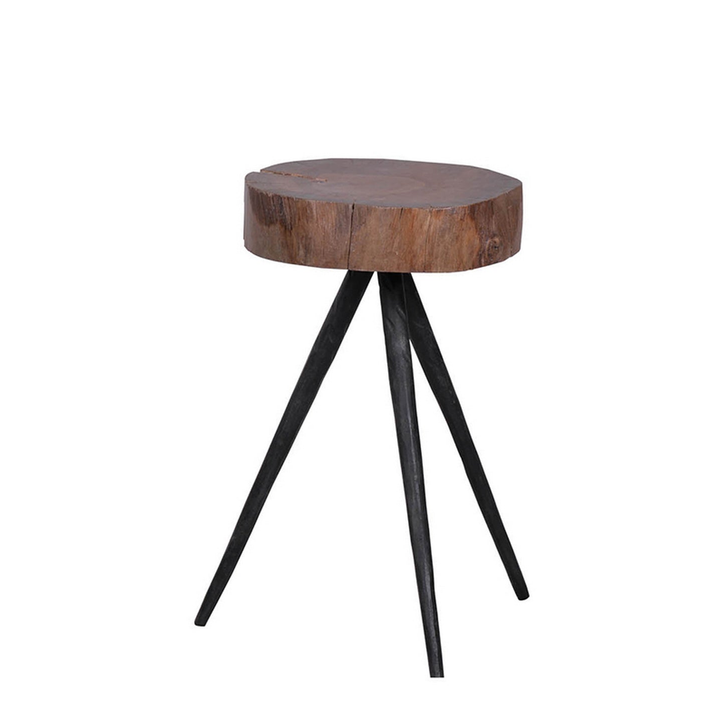 24 Inch Side End Table, Round Mango Wood Brown Tree Top, Black Metal Tripod