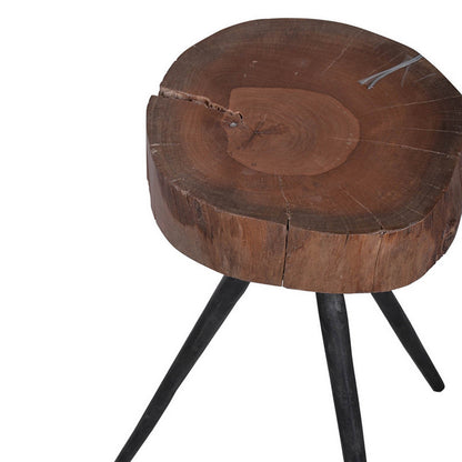24 Inch Side End Table, Round Mango Wood Brown Tree Top, Black Metal Tripod
