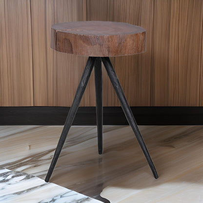 24 Inch Side End Table, Round Mango Wood Brown Tree Top, Black Metal Tripod