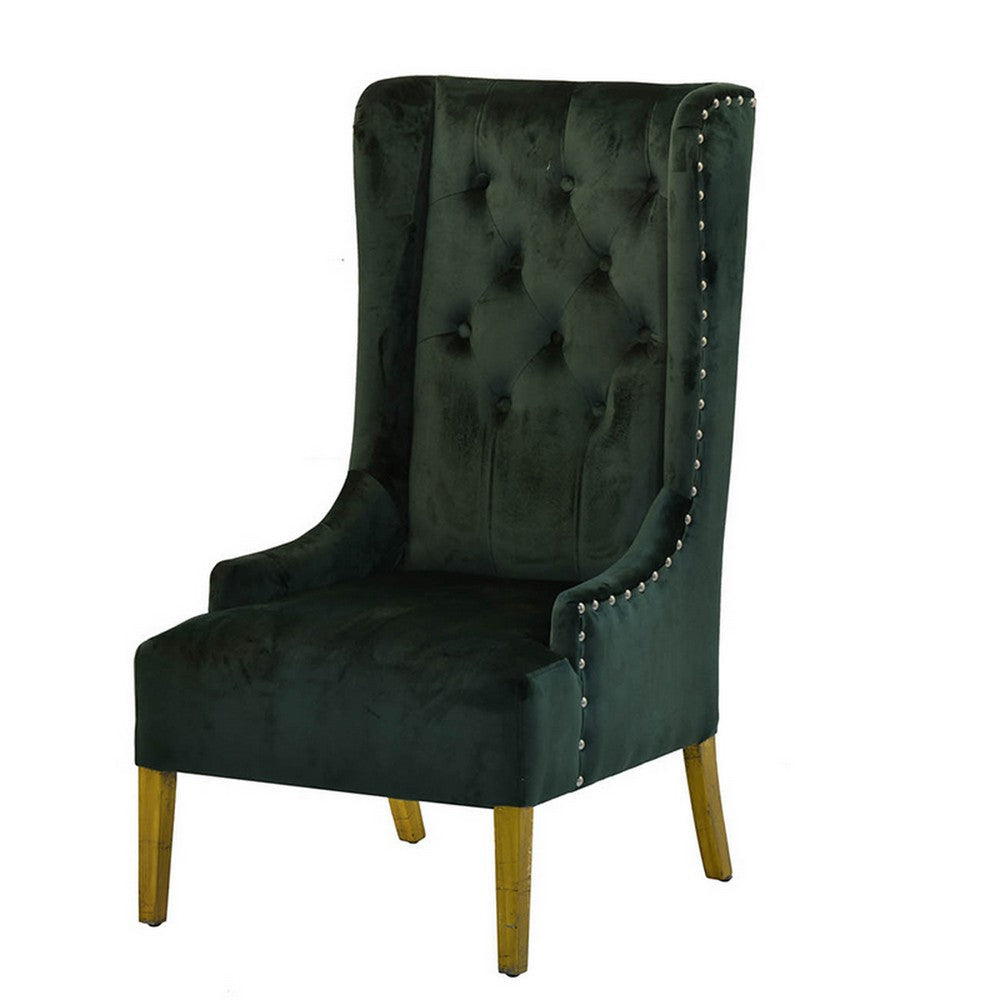28 Inch Accent Armchair, Wingback Design, Tufted Emerald Green Polyester