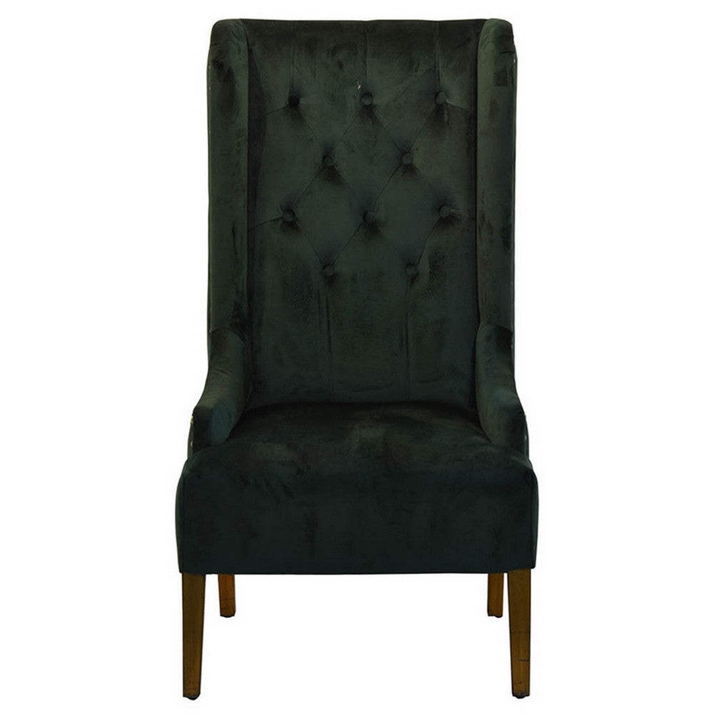 28 Inch Accent Armchair, Wingback Design, Tufted Emerald Green Polyester