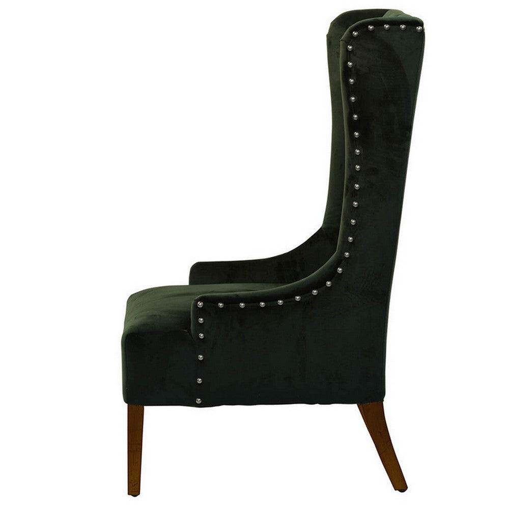 28 Inch Accent Armchair, Wingback Design, Tufted Emerald Green Polyester
