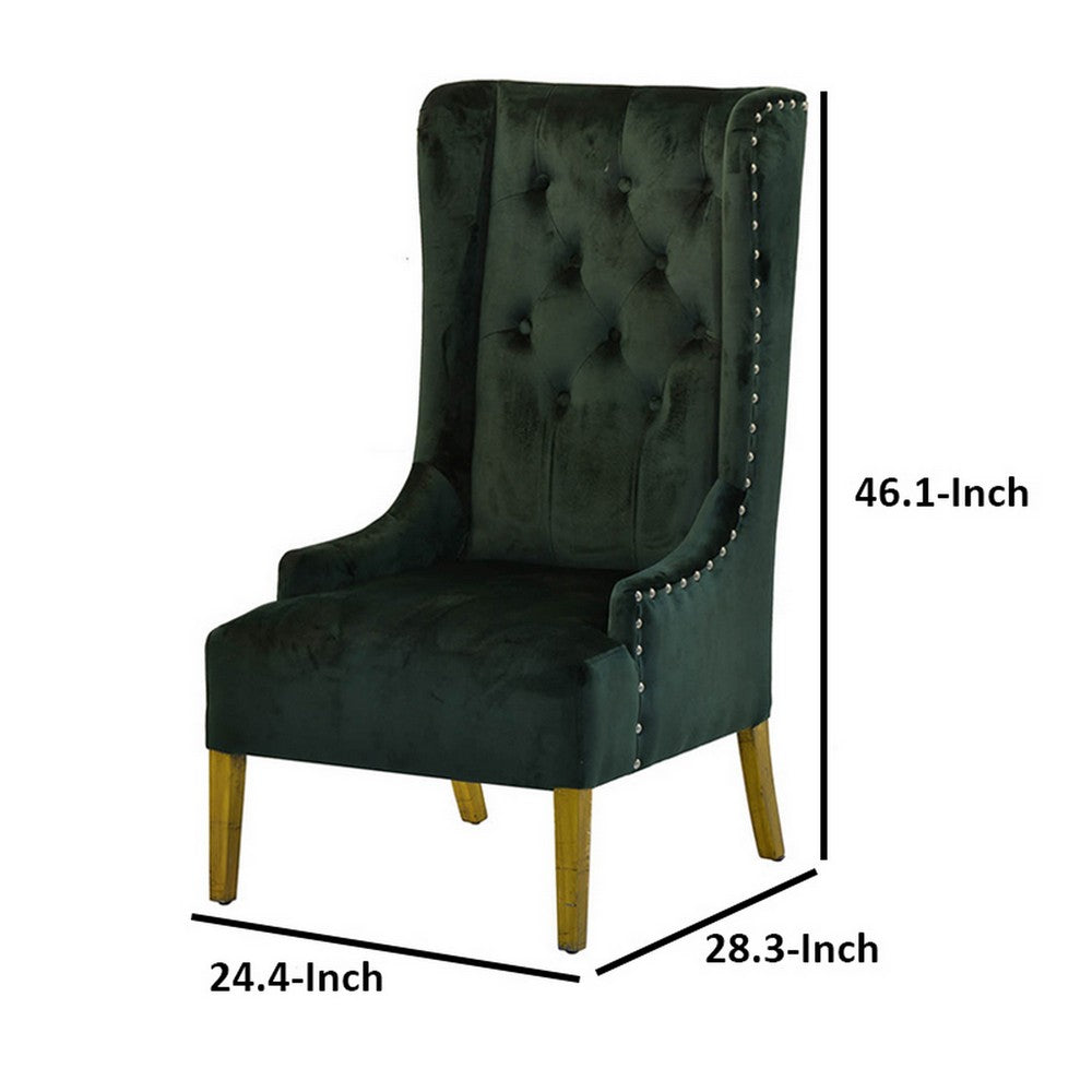 28 Inch Accent Armchair, Wingback Design, Tufted Emerald Green Polyester