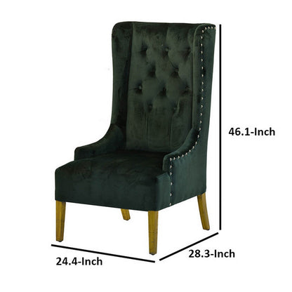 28 Inch Accent Armchair, Wingback Design, Tufted Emerald Green Polyester