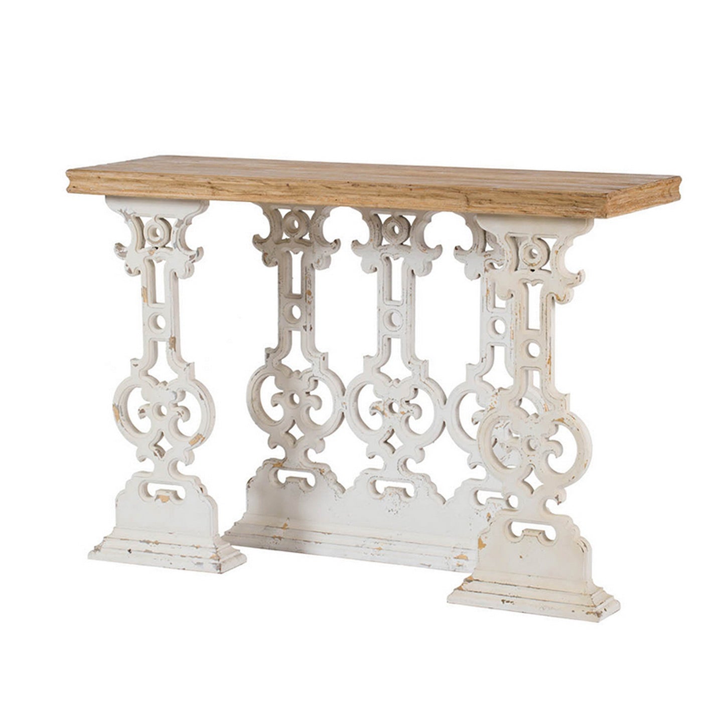 47 Inch Console Sofa Table, Fir Wood Rectangular Top, White Carved Legs