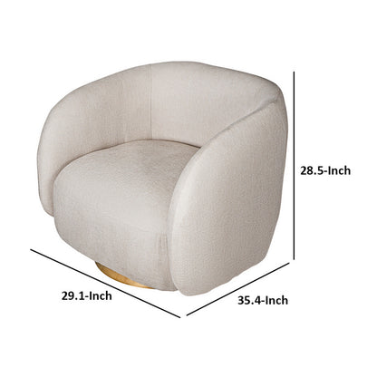 Eros 35 Inch Swivel Accent Chair, Plush White Fabric Upholstery, Gold Base