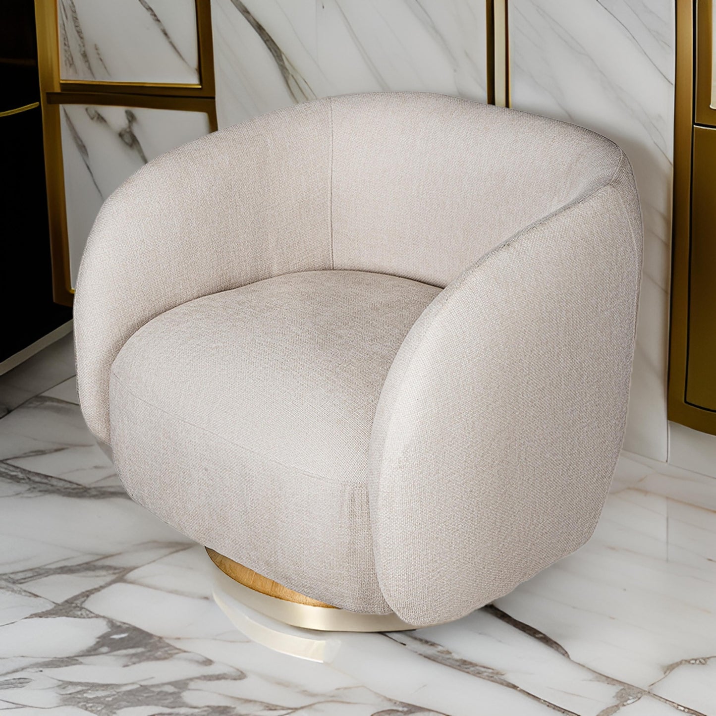 Eros 35 Inch Swivel Accent Chair, Plush White Fabric Upholstery, Gold Base