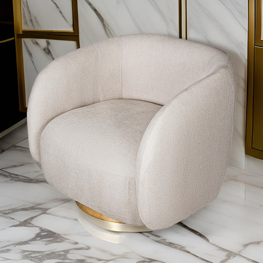 Eros 35 Inch Swivel Accent Chair, Plush White Fabric Upholstery, Gold Base