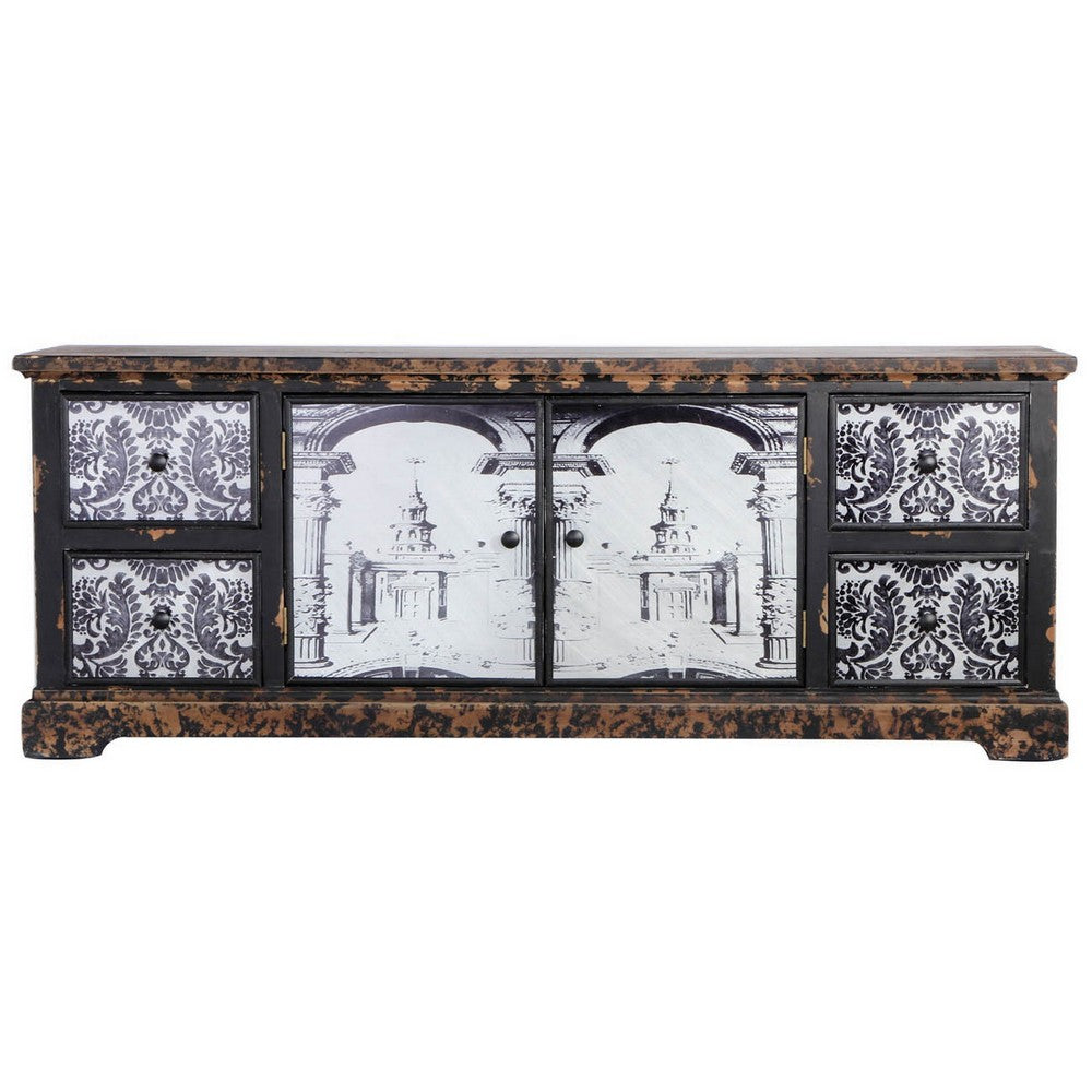 57 Inch Accent Sideboard Cabinet, White Damask Print Drawers, Brown Wood