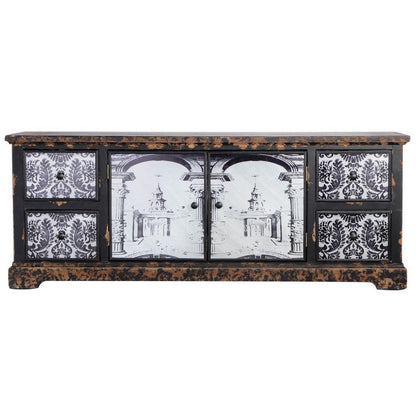 57 Inch Accent Sideboard Cabinet, White Damask Print Drawers, Brown Wood