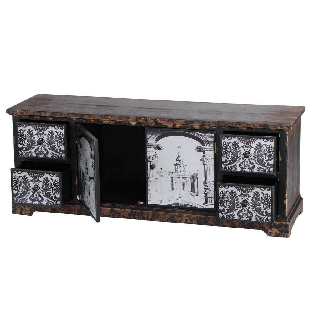 57 Inch Accent Sideboard Cabinet, White Damask Print Drawers, Brown Wood