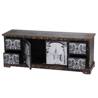 57 Inch Accent Sideboard Cabinet, White Damask Print Drawers, Brown Wood
